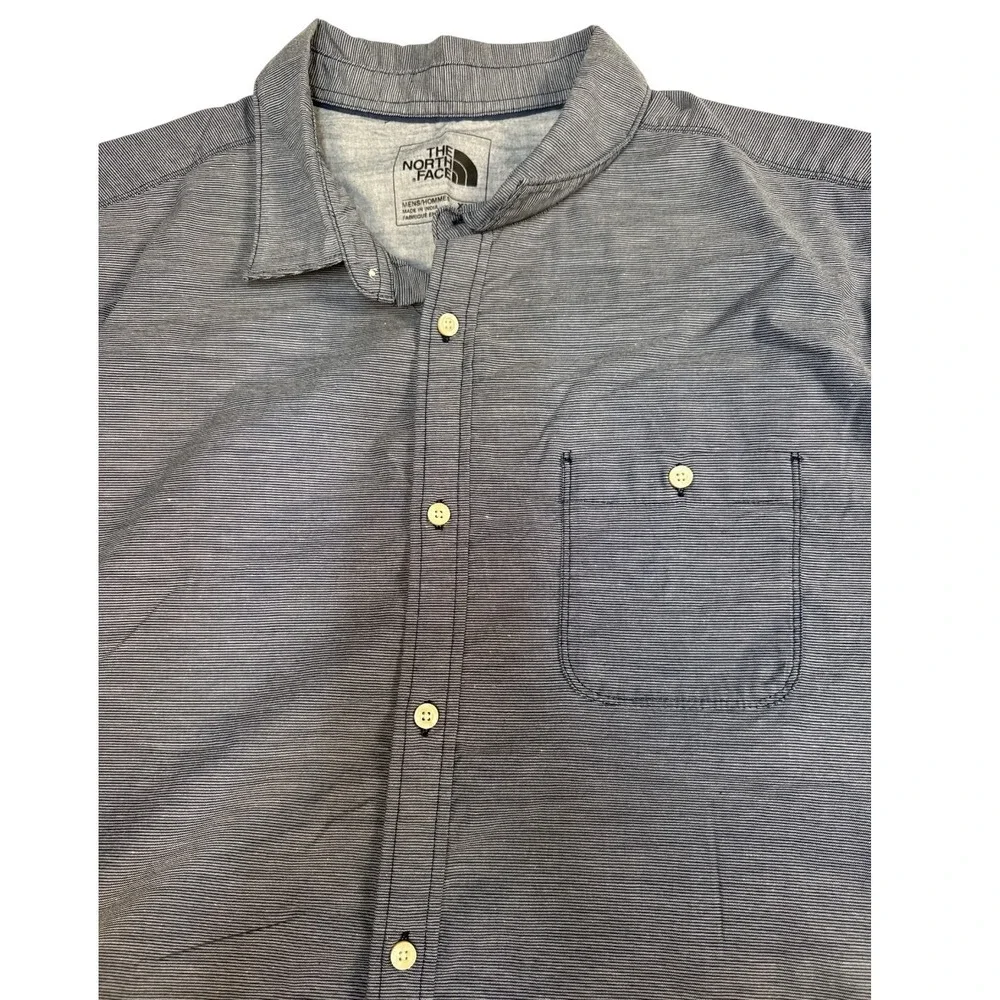 The North Face Button Down Shirt Mens XXL Short Sleeve Blue Striped  Cotton‎
